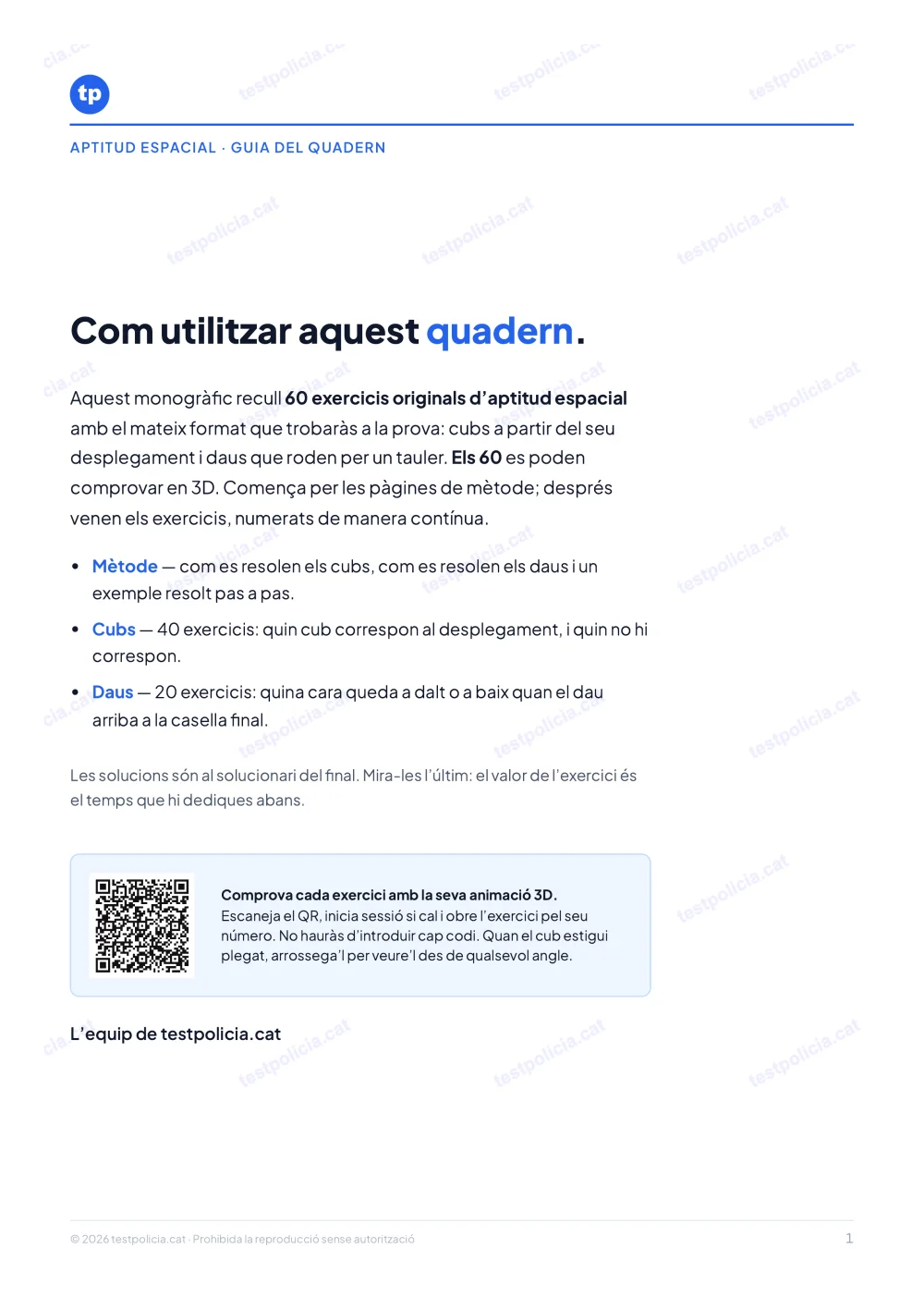 Pàgina real en català del quadern d’aptitud espacial amb 60 exercicis i codi QR