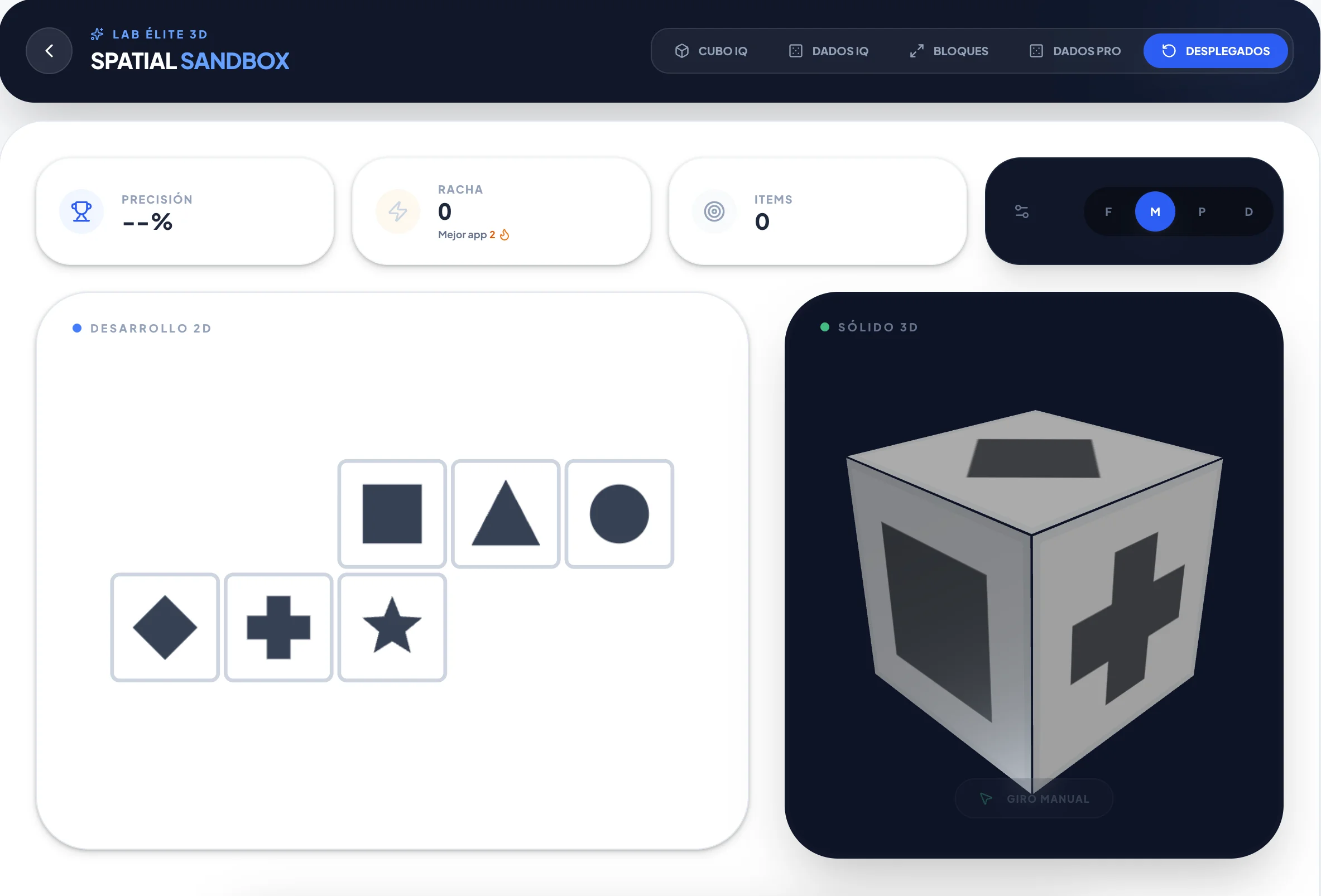 Pantalla de CubeIQ en la app: malla 2D y cubos 3D, entrenamiento psicotécnico oposiciones policía (Mossos, Guardia Civil)