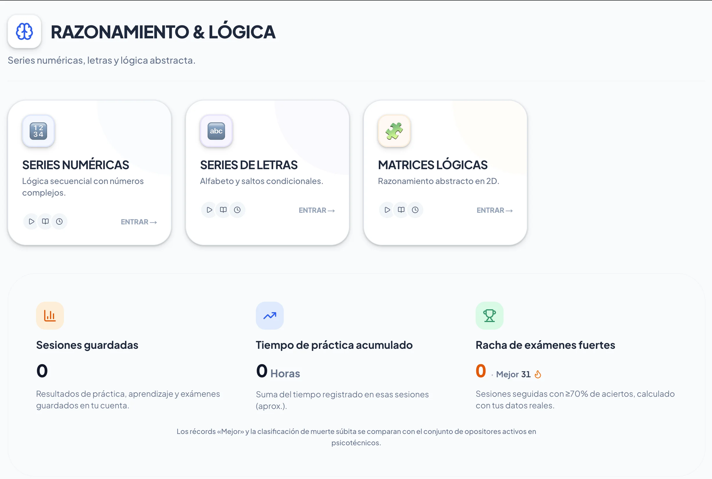 Interfaz de entrenamiento psicotécnico testpolicia.cat: panel con los 9 módulos (dados, cubos, series, atención, MATS) y acceso a examen 30/35